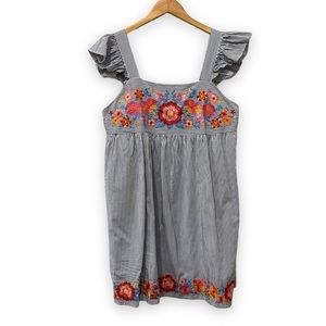 Savanna Jane Striped Dress Blue White Embroidered Floral Ruffle Mini Sz Large